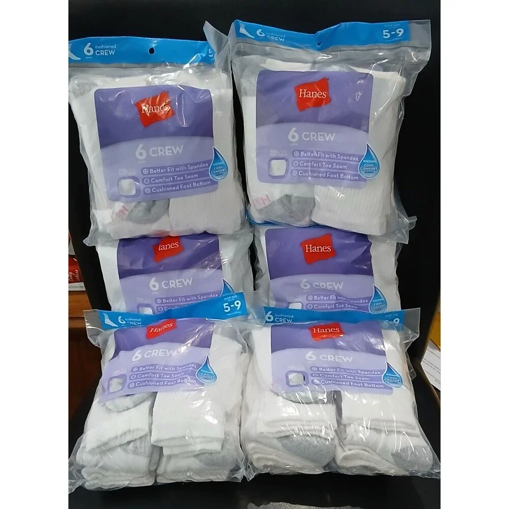 Hanes Women Cushioned Crew Socks. Lot of 6 Of 6 Pairs Each. 36  Total. Size 5-9